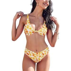 NWT Bluetime Womens Bikini Set V Neck Cheeky Swimsuit, Small
